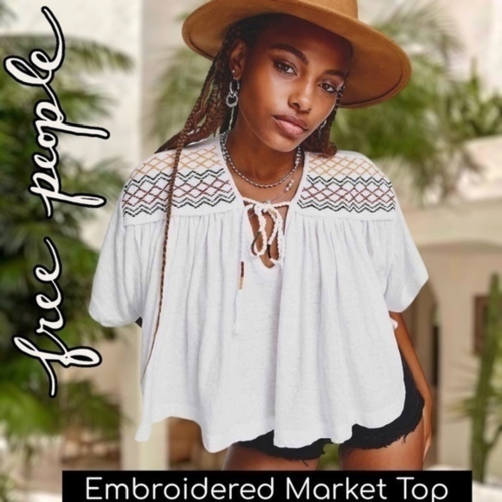 FREE PEOPLE Market Crochet Accented Oversized Short Sleeve Hi-Lo Boxy Top NWT